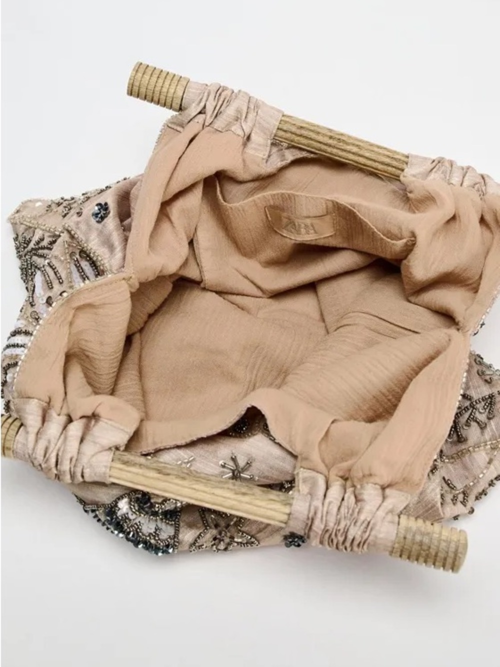 Zara NWT Blush Pink Beige Sequin Beaded Embroidered Wood Handle Clutch Handbag - Picture 7 of 7